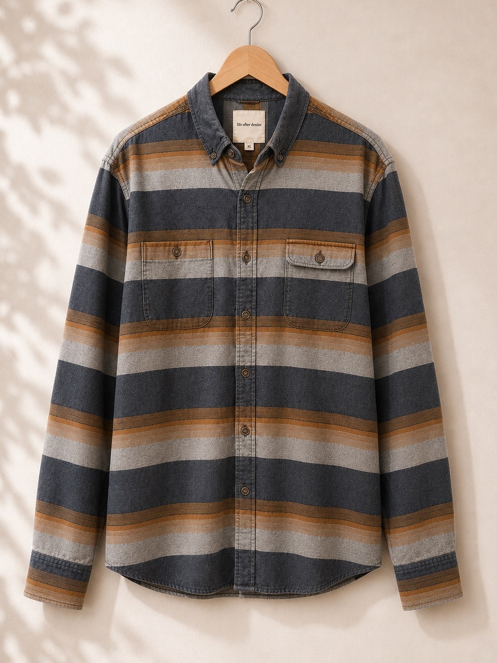 Life After Denim Flannel Button Down Striped Gray Brown Western Casual Shirt XL